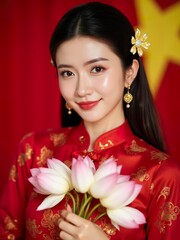 Fototapeta premium Portrait of a smiling asian woman in a red traditional costume holding lotus flowers, with the Vietnam flag in the background, taken in natural light
