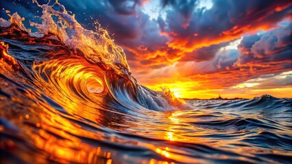 Abstract art featuring fiery waves crashing into serene water waves