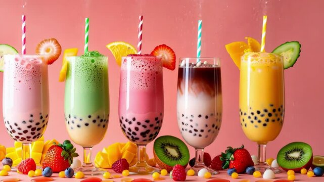 Colorful bubble tea splash with fresh fruit and boba