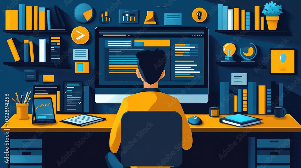 Poster a focused individual sits at a desk filled with technology and books, working intently on a computer