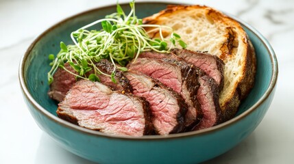 Fototapeta premium Teal ceramic bowl filled with tender slices of roast beef and toasted ciabatta bread, topped with sprouts.