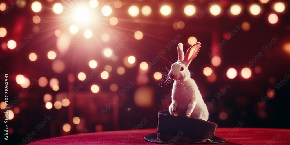 Poster a magical scene with a white rabbit sitting on a black top hat. the background features colorful bok