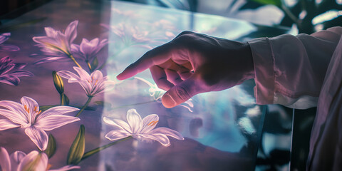 Hand Touching Interactive Digital Screen Displaying Beautiful Lily Flowers