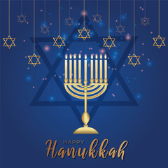 Happy Hanukkah with Golden Inscription and Star of David Candle Holder with Burning Candles Hanukkah Celebration Candelabra Traditional Israel Decoration Vector Illustration