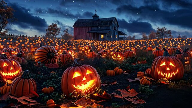 Spooky halloween pumpkin patch at night with glowing jack-o-lanterns and rustic barn