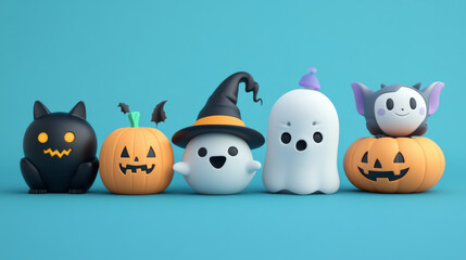 Halloween clipart with ghost, pumpkin, black cat and witch hat. Vector cartoon cute characters with scary smile and boo expression. Fall party cosplay costume sticker set. Magic creature png render 
