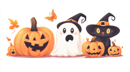 Halloween clipart with ghost, pumpkin, black cat and witch hat. Vector cartoon cute characters with scary smile and boo expression. Fall party cosplay costume sticker set. Magic creature png render 