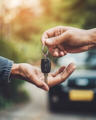 Buy second-hand auto or rent a car concept, Close-up hand of used car agent giving an auto key to client. MZ 