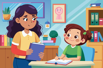  A girl with mother during study VECTOR ILLUSTRATION 