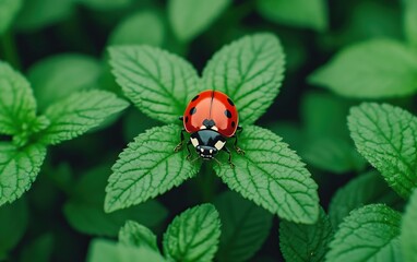 A vibrant ladybug resting on fresh green leaves, showcasing nature's beauty and intricate details of its natural habitat.