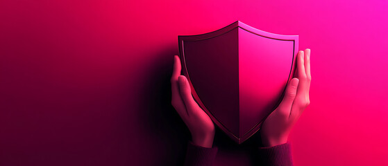 Hands holding a shield against a vibrant pink background.