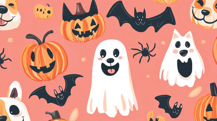 Fototapeta premium Happy Halloween! This cute collection features dogs dressed up in fun Halloween costumes like ghosts, bats, pumpkins, and spiders. Perfect for decorations, prints, and covers!
