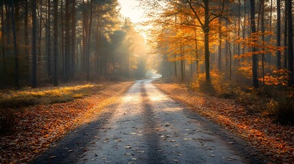 Bright landscape of a road across auttumn forest with fallen orange and yellow leafs