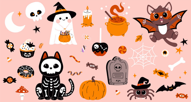 Set of Happy Halloween stickers on pink background. Set of mascots pumpkin, black cat, skeleton, ghost, eyes, bat, Halloween sweets and candies.  Vector illustration in flat style