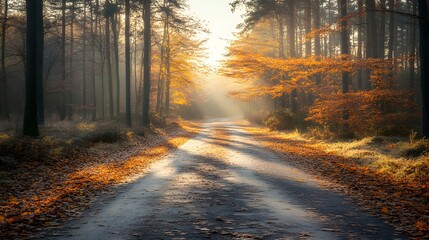 Obraz premium Bright landscape of a road across auttumn forest with fallen orange and yellow leafs
