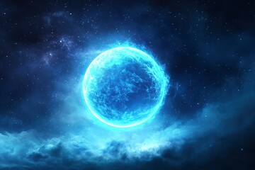A blue glowing moon floating in space, with a blue nebula background