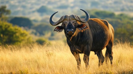 A solitary buffalo stands in a grassy landscape, highlighting wildlife in its natural habitat.