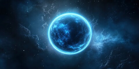 A blue glowing moon floating in space, with a blue nebula background