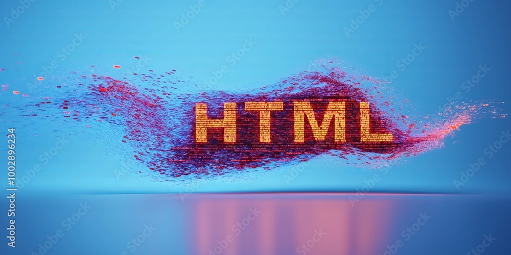 Poster Glowing HTML text surrounded by data fragments, symbolizing web development, digital technology, and the vibrant world of programming and internet coding., Generative AI