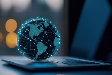 A digital globe with glowing connections between office workers on laptops, symbolizing global connectivity and technology in business
