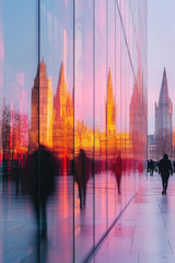 Obraz premium The stunning sunset casts vibrant colors on modern glass reflecting the iconic towers of London and pedestrians strolling nearby