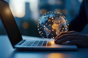 A digital globe with glowing connections between office workers on laptops, symbolizing global connectivity and technology in business