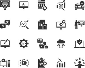 Vector set of hard skills flat icons. Contains icons computer skill, cyber security, project management, accounting, data analysis, software development, video editing and more. Pixel perfect.