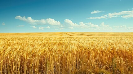 Naklejka premium A vast golden wheat field stretches under a blue sky with fluffy white clouds.