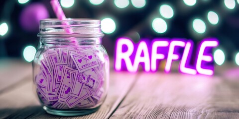 Obraz premium A jar filled with colorful raffle tickets and glittering neon lights that spell out RAFFLE on wooden table, Bokeh background.
