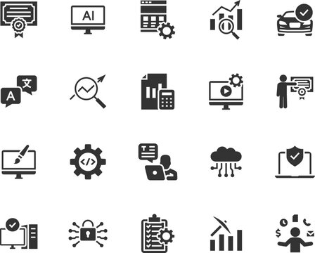 Vector set of hard skills flat icons. Contains icons computer skill, cyber security, project management, accounting, data analysis, software development, video editing and more. Pixel perfect.