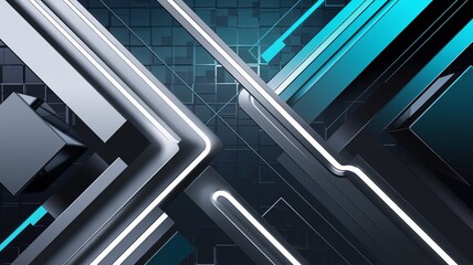 Obraz premium A modern abstract background featuring metallic tones of silver, blue, and dark gray. Intersecting neon lines and geometric shapes, like cubes, create a dynamic composition against a digital grid