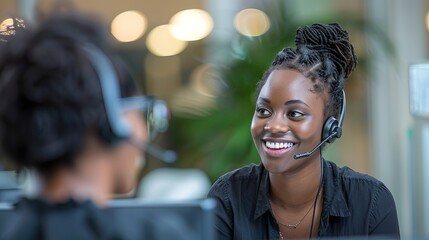 cheerful woman with headset smiles while assisting a customer in a modern office. Focus on communication and service.
