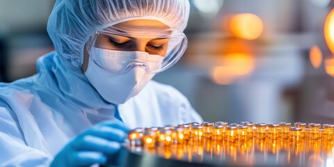 A worker in protective gear is inspecting the quality of medical vials on a production line at a science and technology company, with the orange light reflecting from them