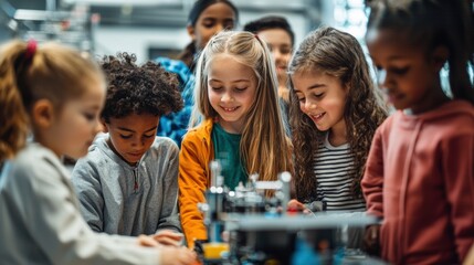 Obraz premium Group of Diverse Students Engaged in Stem Classroom Experiment