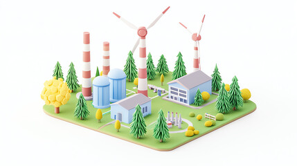 Fototapeta premium Miniature isometric wind farm power plant, turbines spinning on a clean white background, Power plant isometric 3d model white background miniature, clean energy future