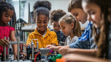 Diverse group of children engaged in STEM learning activities using digital tablets in classroom
