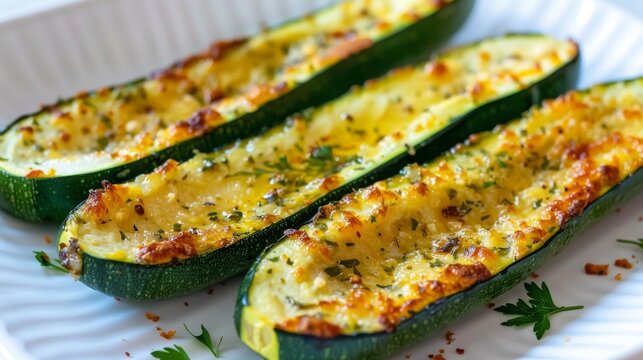 Deliciosos calabacines al horno rellenos de queso gratinado, una guarnici&oacute;n ligera y sabrosa para cualquier comida.