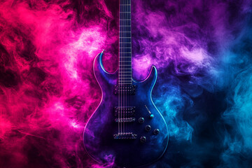 Vibrant electric guitar glowing in swirling smoke and color splashes for a fantasy music design