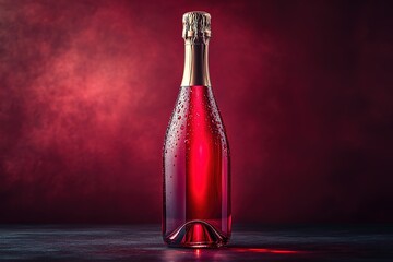 A bottle of red champagne with a red label