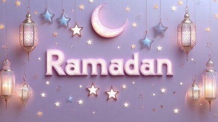 3d ramadan text with stars and lanterns on a soft purple background in pastel colors, capturing the festive and serene atmosphere of ramadan with a blend of islamic tradition and modern design element