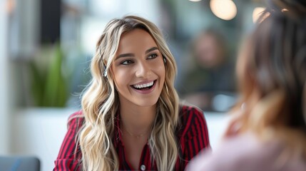 cheerful young woman enjoying a conversation in a modern cafe, radiating positivity and connection with her friend.