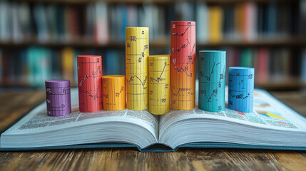 Vibrant bar graphs illustrate statistical data on an open book placed on a wooden table, surrounded by filled bookshelves in a library