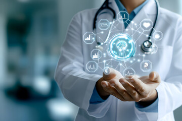Doctor Presenting Advanced Digital Healthcare System with Medical Icons and Human Hologram