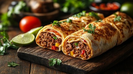 Dos burritos rellenos de carne de res, vegetales y especias, servidos en una tabla de madera con limón y cilantro fresco.
