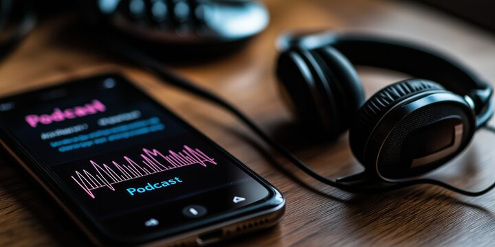 Smartphone with podcast display and headphones, showcasing digital audio streaming, entertainment, and modern mobile podcasting technology., Generative AI