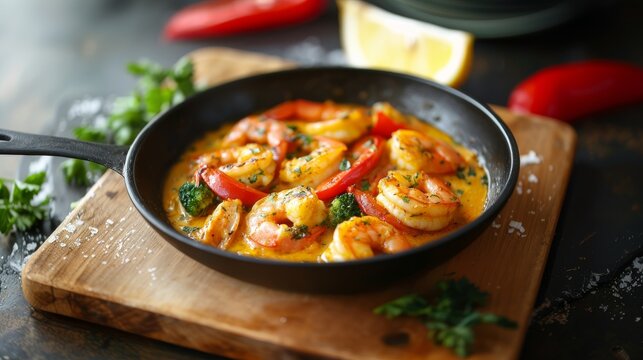  Camarones cocidos en una sart&eacute;n con pimientos y vegetales en una cremosa salsa de mantequilla. Un plato lleno de sabor a mar y especias.