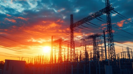 Industrial landscape at sunset with power lines and towers.