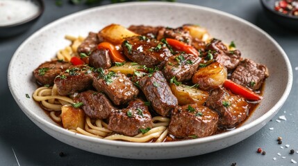Trozos de carne de res acompañados de pimientos y papas sobre una cama de fideos. Un plato jugoso y lleno de sabor.