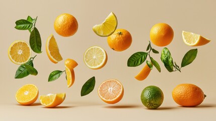 Floating citrus fruits on beige backdrop