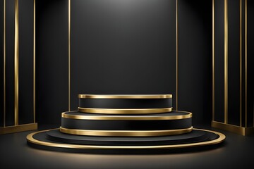Abstract realistic 3D black and gold cylinder pedestal podium with golden glitter in circle window. Luxury black mimimal scene for product display presentation. Vector geometric rendering platform.
